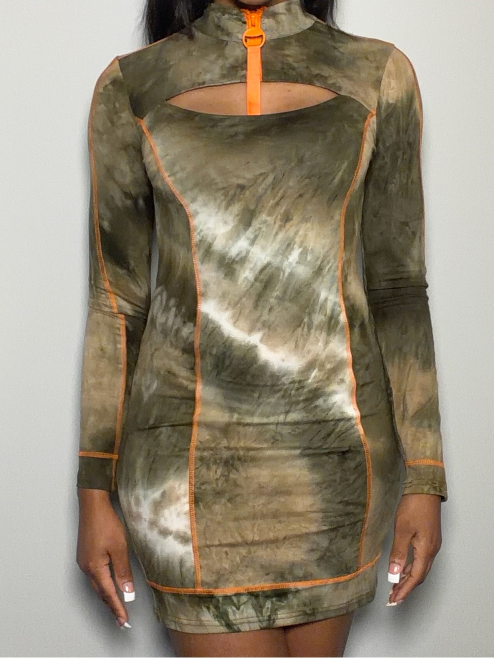 Capsule Olive Tie-Dye Bodycon Mini Dress with Keyhole